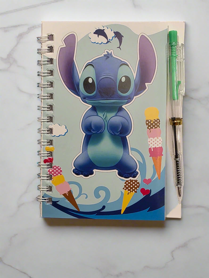 Cartoon "Blue" Spiral Notebook White Green Pen (4 x 5.5 Inches)