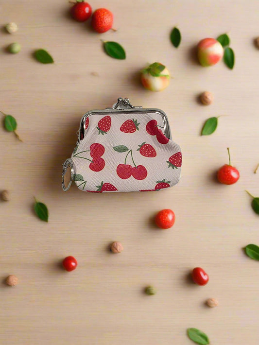 Strawberry & Cherry Coin Purse (Pink) - (3 x 3 Inches)