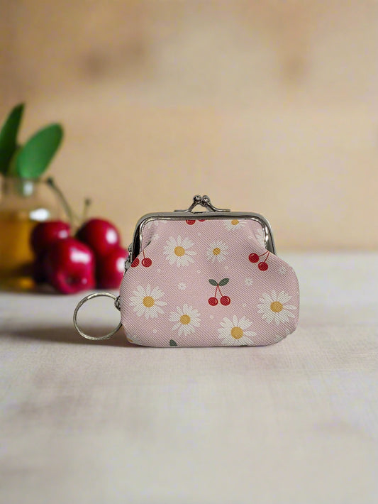 Cherry & Floral Coin Purse (Pink) - (3 x 3 Inches)