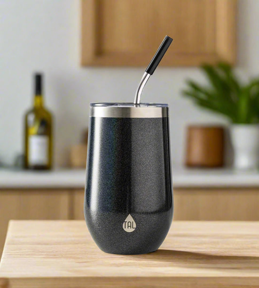 TAL Stainless Steel Wine Tumbler with Straw – 16 oz, Black Shimmer