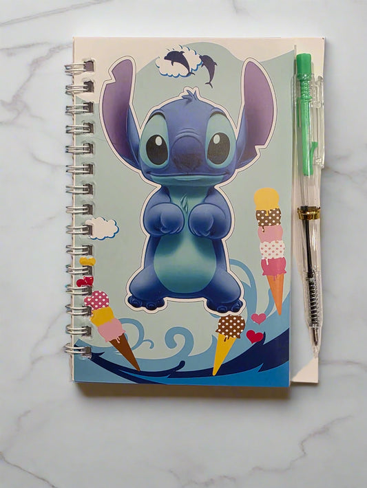 Cartoon "Blue" Spiral Notebook White Green Pen (4 x 5.5 Inches)